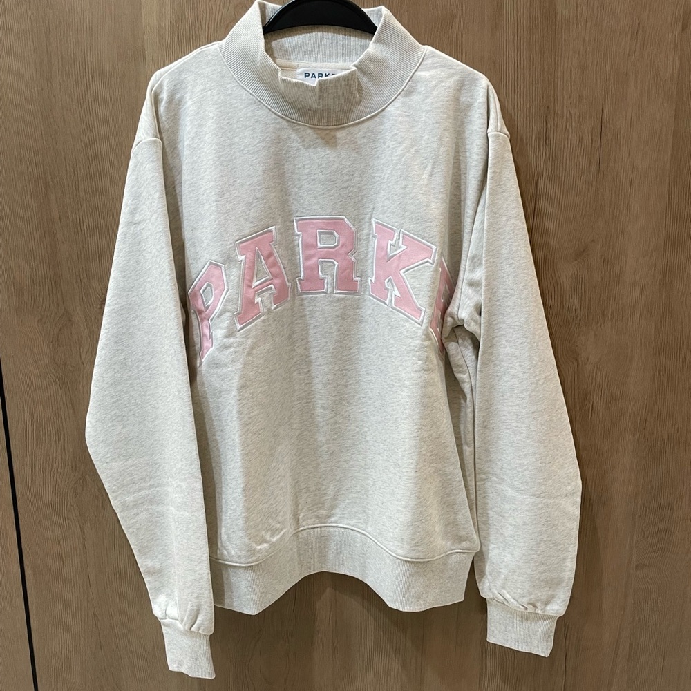 PARKE Women's Soft Gray Sweatshirt with Pink Lettering